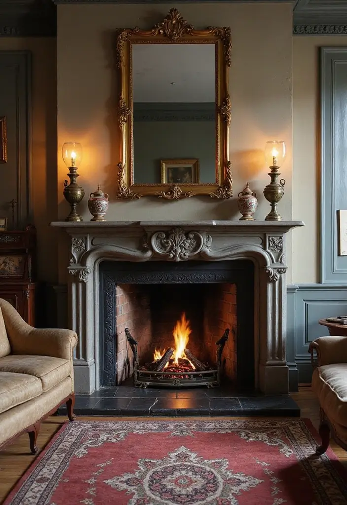 50 Living Room Designs with Fireplaces That Create the Perfect Focal Point 27 50 Living Room Designs with Fireplaces That Create the Perfect Focal Point - 25. Classic Elegance with an Antique Fireplace