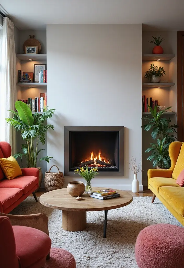 50 Living Room Designs with Fireplaces That Create the Perfect Focal Point 29 50 Living Room Designs with Fireplaces That Create the Perfect Focal Point - 27. Colorful Accents with a Contemporary Fireplace