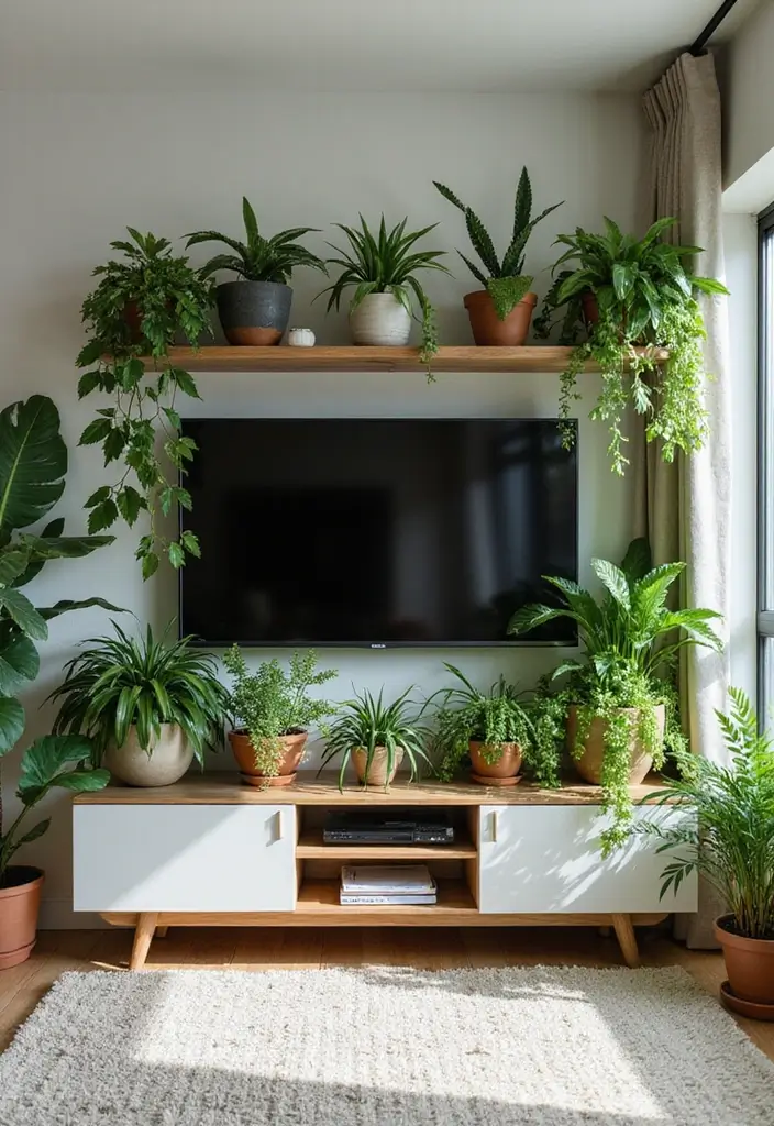 50 Living Room Ideas with TV as the Focal Point That Look Stylish - 10. Nature-Inspired: Plants Around the TV