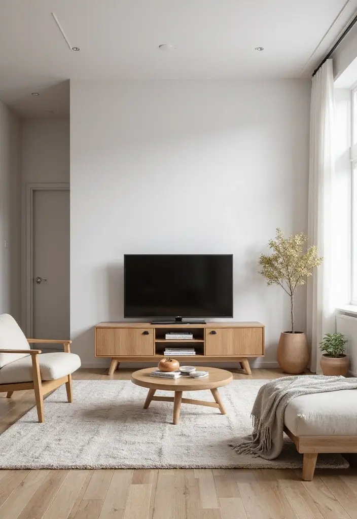 50 Living Room Ideas with TV as the Focal Point That Look Stylish - 11. Scandinavian Simplicity: Light Wood and Neutrals