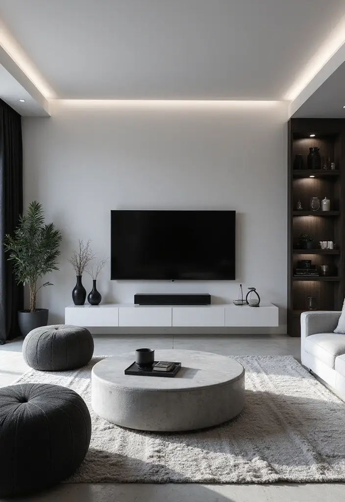 50 Living Room Ideas with TV as the Focal Point That Look Stylish - 15. Modern Monochrome: Black and White Aesthetic