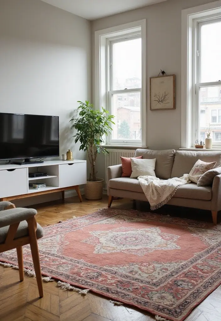 50 Living Room Ideas with TV as the Focal Point That Look Stylish - 16. Grounding with Rugs: Area Rugs Under the TV
