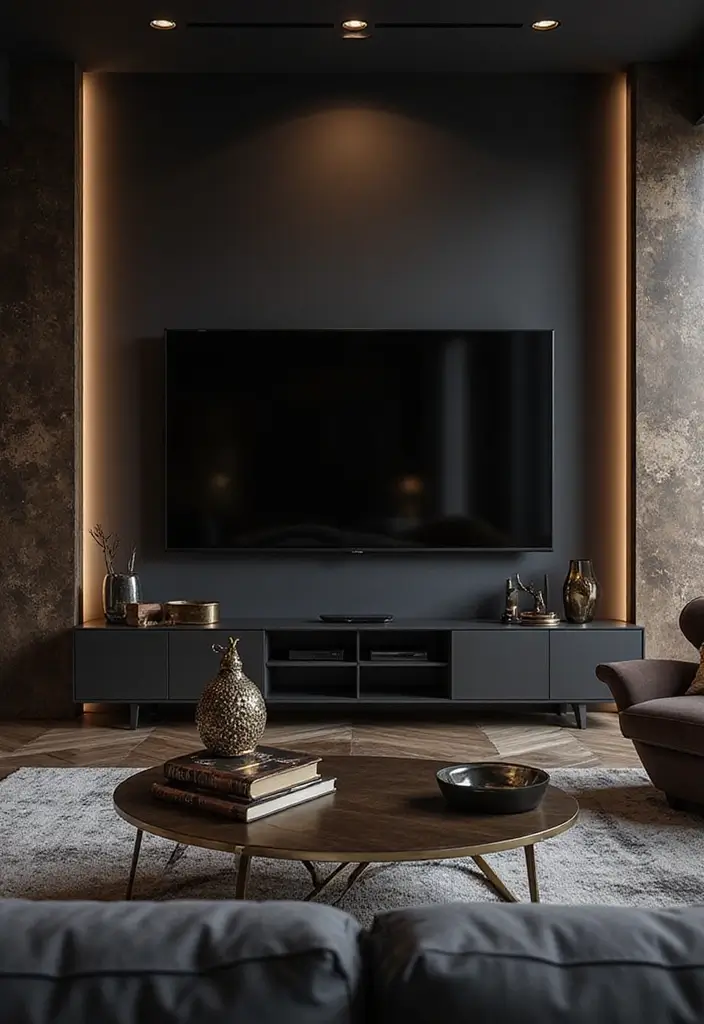 50 Living Room Ideas with TV as the Focal Point That Look Stylish - 18. Sophisticated Shades: Dark Tones for Drama