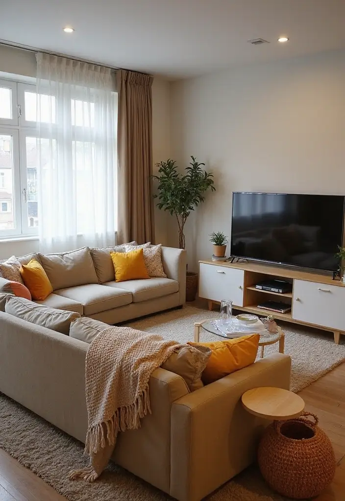 50 Living Room Ideas with TV as the Focal Point That Look Stylish - 2. Cozy Corner: L-Shaped Sofa with TV