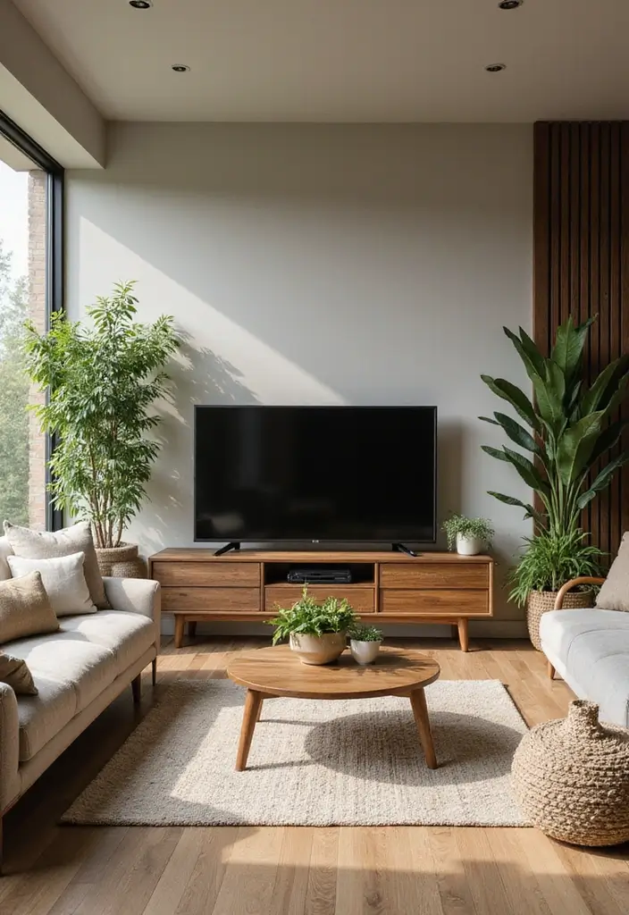 50 Living Room Ideas with TV as the Focal Point That Look Stylish - 26. Outdoor-Inspired: Bringing Nature Indoors