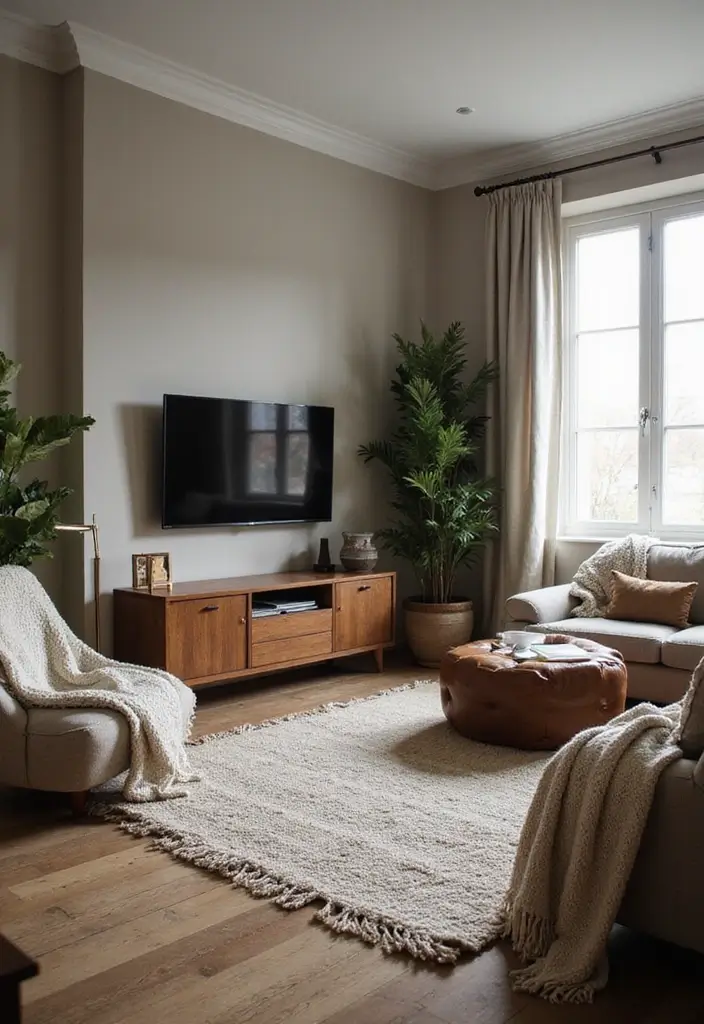 50 Living Room Ideas with TV as the Focal Point That Look Stylish - 27. Cozy Layering: Blankets and Throws