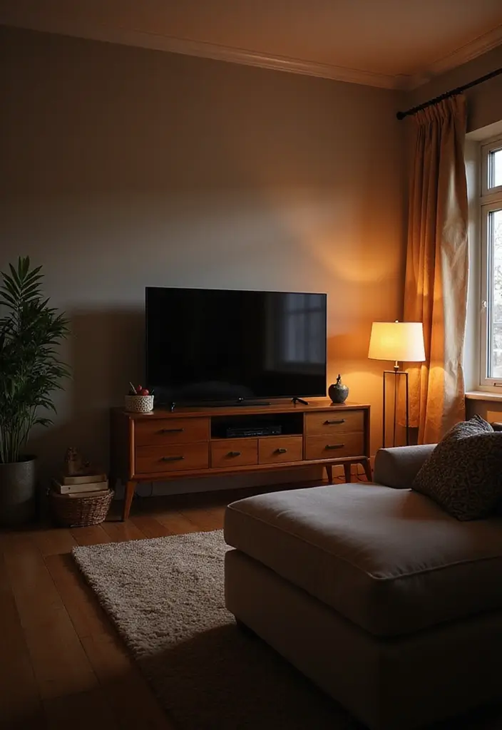 50 Living Room Ideas with TV as the Focal Point That Look Stylish - 38. Soft Lighting: Enhance Your Viewing Experience