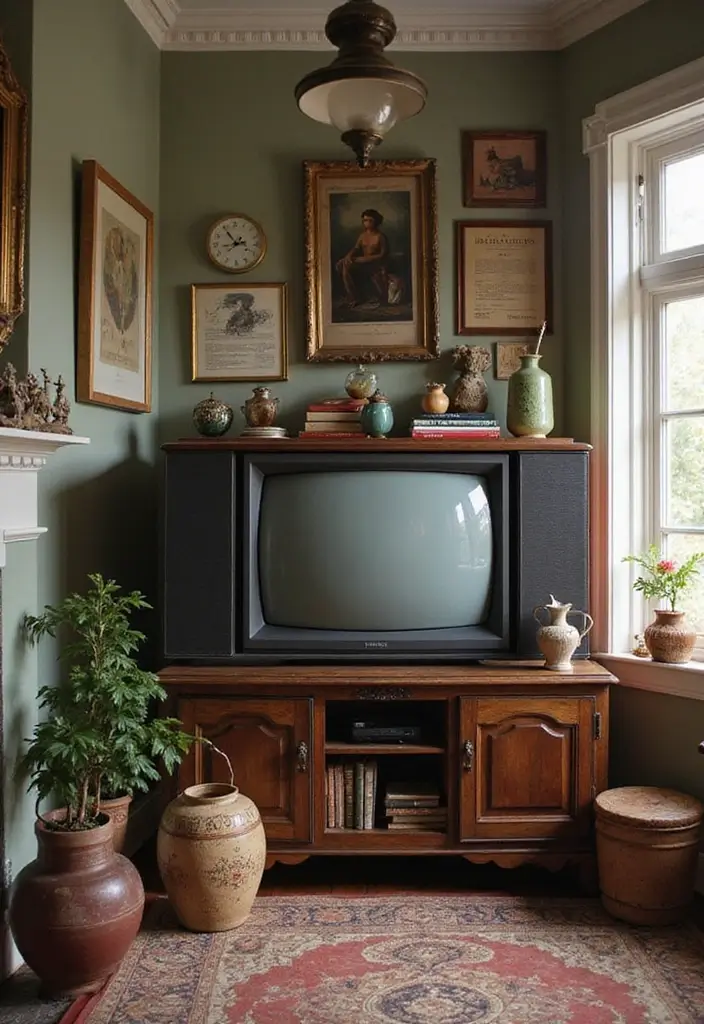 50 Living Room Ideas with TV as the Focal Point That Look Stylish - 46. Vintage Finds: Incorporating Antiques