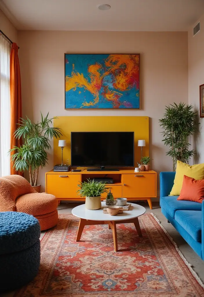 50 Living Room Ideas with TV as the Focal Point That Look Stylish - 5. Colorful Accents: Bold Furniture Choices
