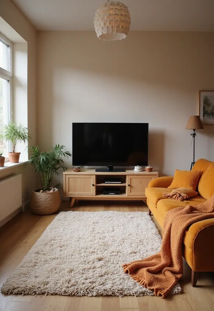 50 Living Room Ideas with TV as the Focal Point That Look Stylish - 8. Soft Textiles: Cozy Rugs and Throws