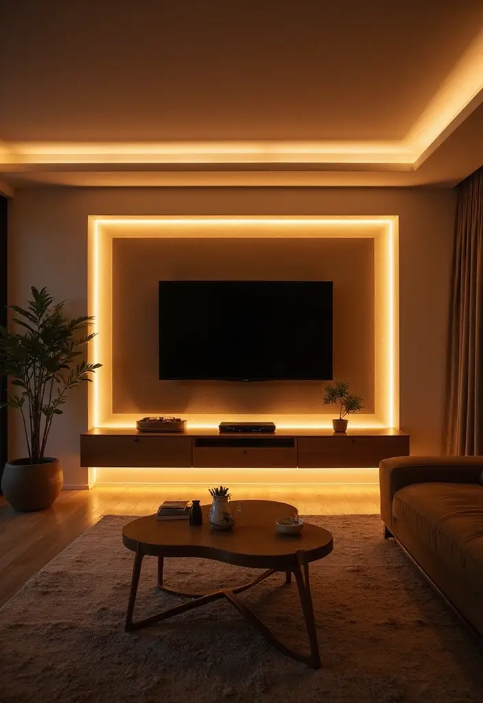 50 Living Room Ideas with TV as the Focal Point That Look Stylish - 9. Layered Lighting: Create Ambiance Around the TV