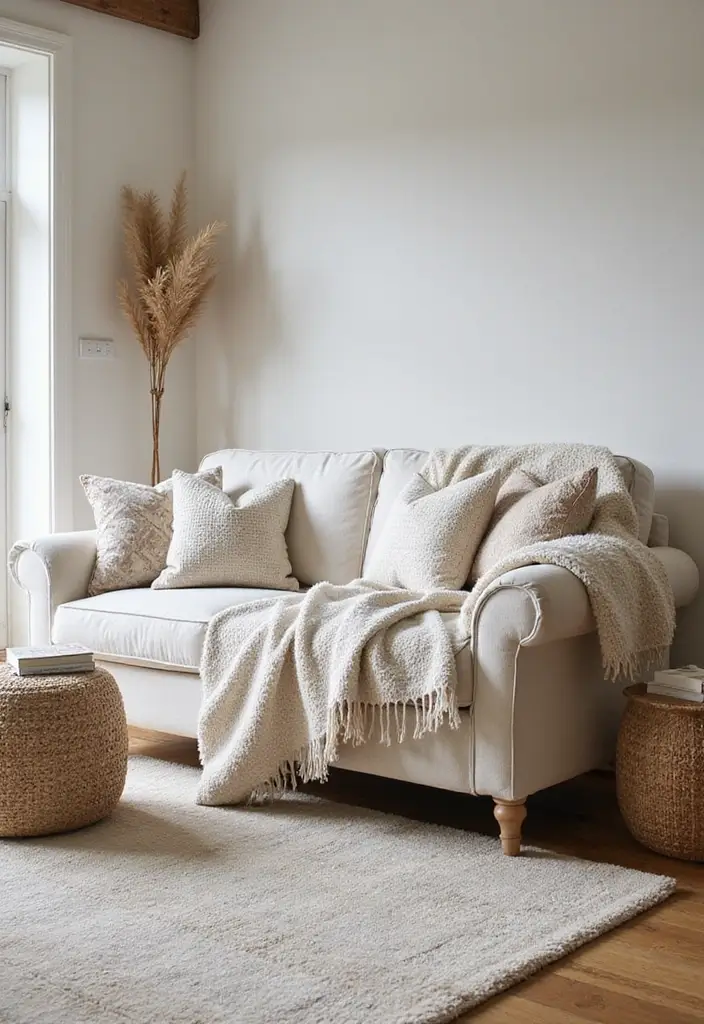 50 Modern Farmhouse Living Room Ideas That Blend Rustic and Chic - 11. Feminine Touch with Soft Textiles