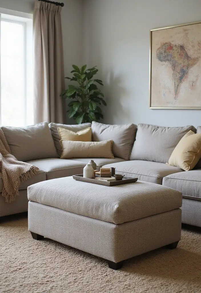 50 Modern Farmhouse Living Room Ideas That Blend Rustic and Chic - 16. Functional Yet Stylish Ottomans