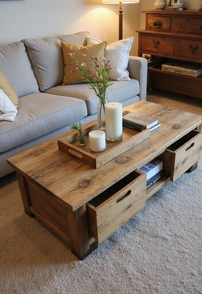 50 Modern Farmhouse Living Room Ideas That Blend Rustic and Chic - 2. Rustic Coffee Table With Storage