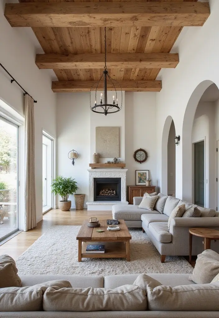 50 Modern Farmhouse Living Room Ideas That Blend Rustic and Chic - 24. Natural Wood Beams
