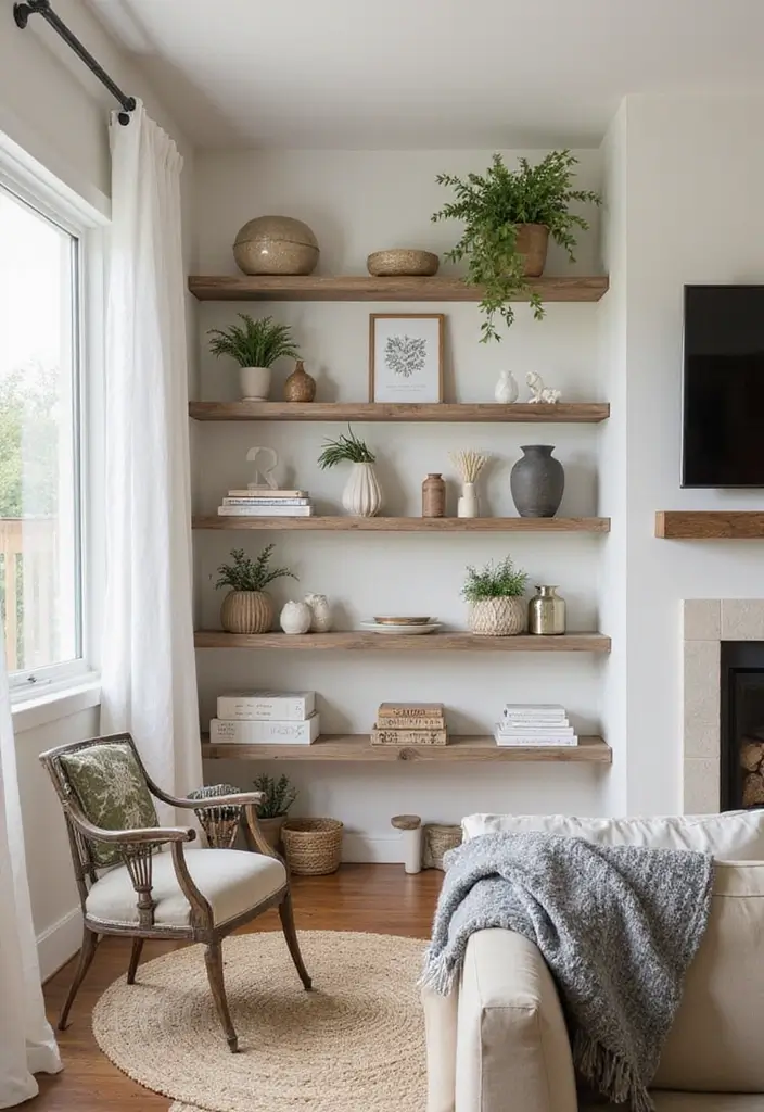 50 Modern Farmhouse Living Room Ideas That Blend Rustic and Chic - 3. Open Shelving for Chic Display