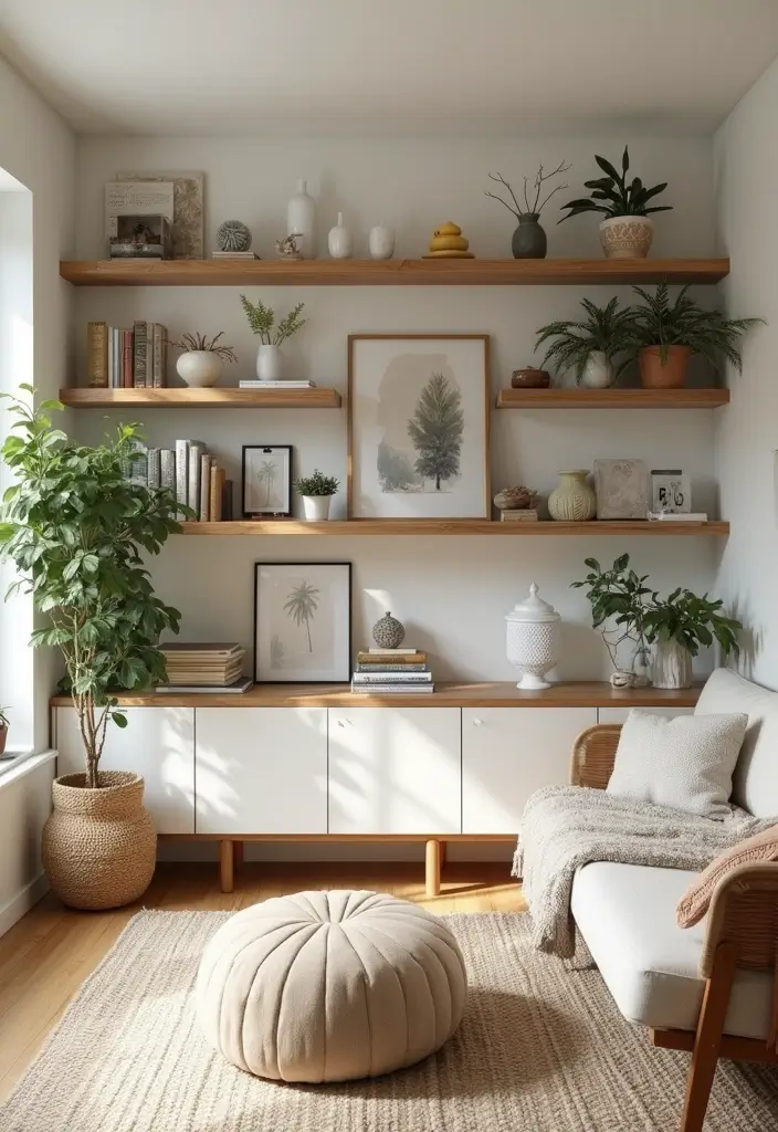 50 Modern Farmhouse Living Room Ideas That Blend Rustic and Chic - 32. Shelfie Spaces