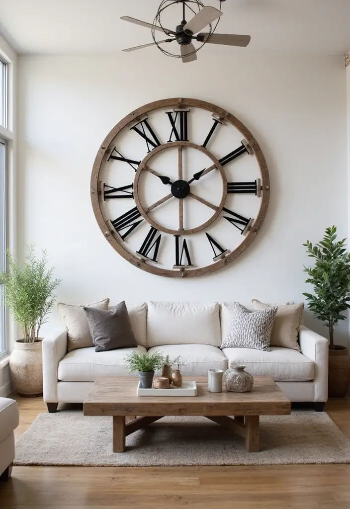 50 Modern Farmhouse Living Room Ideas That Blend Rustic and Chic - 36. Statement Clocks