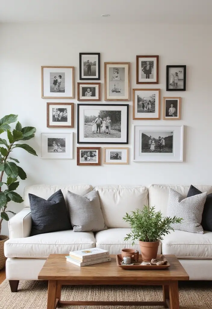 50 Modern Farmhouse Living Room Ideas That Blend Rustic and Chic - 39. Personalize with Family Photos