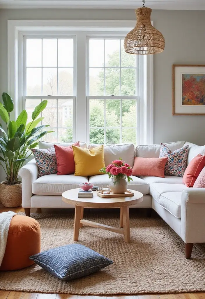 50 Modern Farmhouse Living Room Ideas That Blend Rustic and Chic - 40. Use of Colorful Accessories