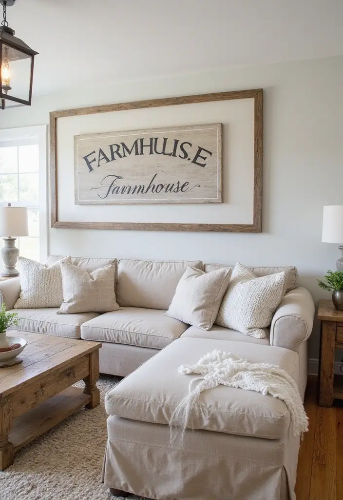 50 Modern Farmhouse Living Room Ideas That Blend Rustic and Chic - 41. Incorporate Farmhouse Signs