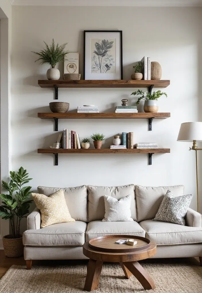 50 Modern Farmhouse Living Room Ideas That Blend Rustic and Chic - 43. Rustic Wall Shelving