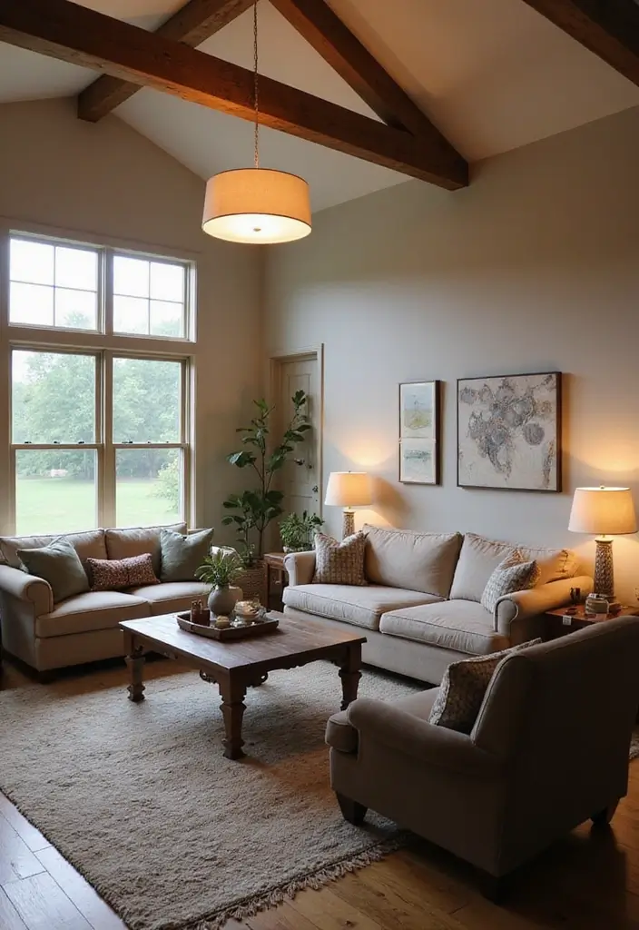 50 Modern Farmhouse Living Room Ideas That Blend Rustic and Chic - 47. Layered Lighting Options