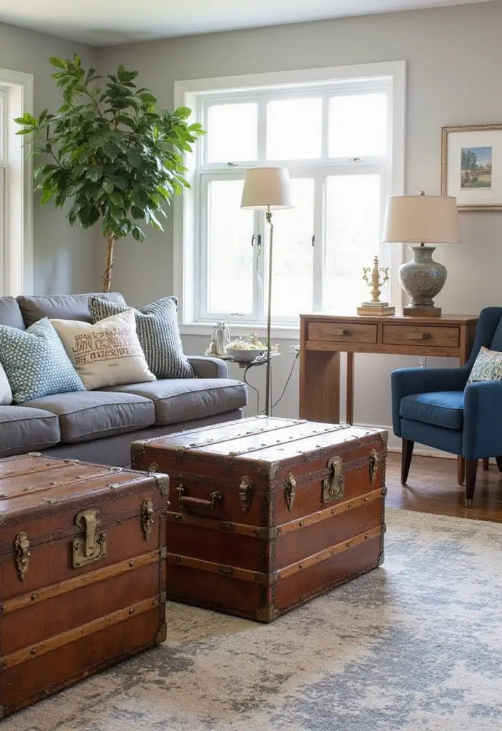 50 Modern Farmhouse Living Room Ideas That Blend Rustic and Chic - 5. Vintage Trunks as Storage