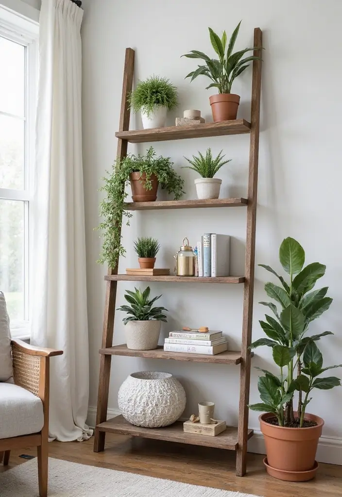 50 Modern Farmhouse Living Room Ideas That Blend Rustic and Chic - 7. Ladder Shelves for Vertical Storage