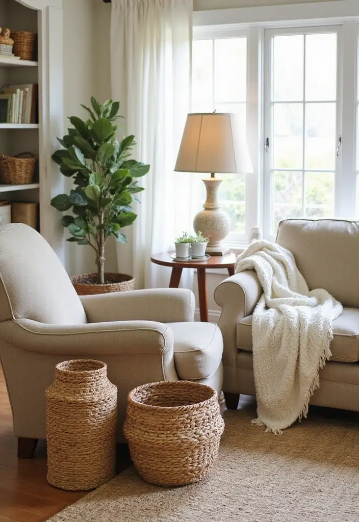 50 Modern Farmhouse Living Room Ideas That Blend Rustic and Chic - 8. Decorative Baskets for Storage