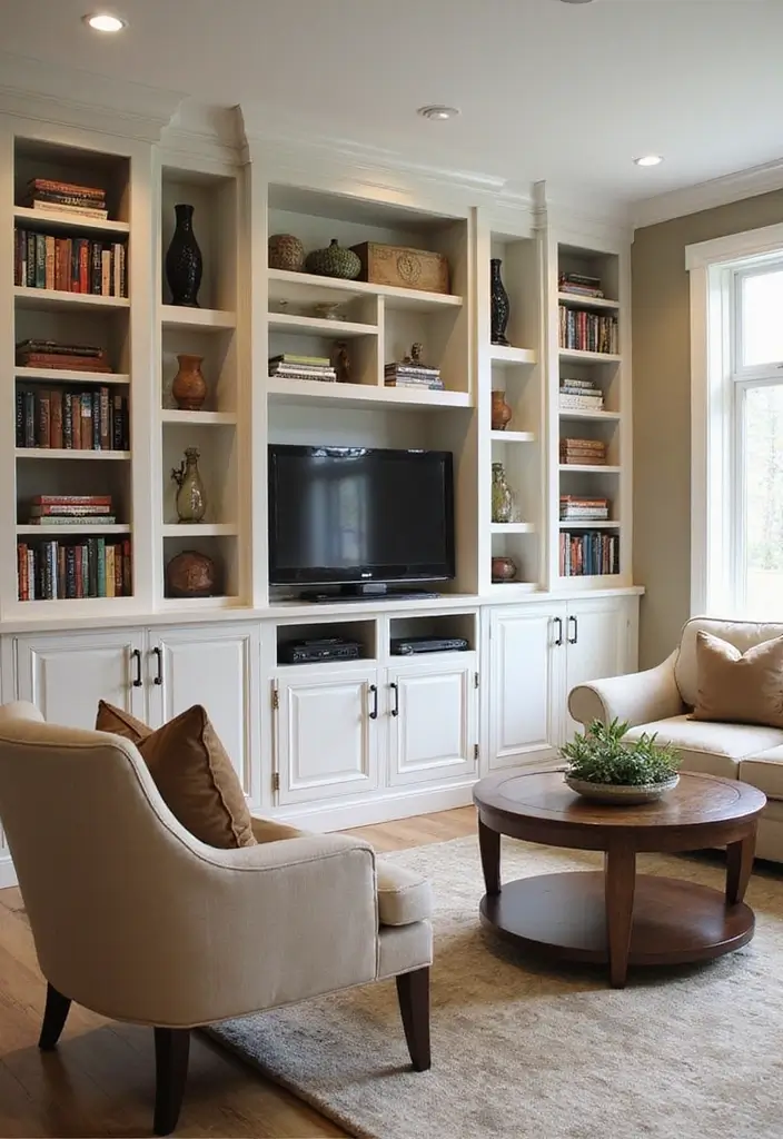 50 Modern Farmhouse Living Room Ideas That Blend Rustic and Chic - 9. Custom Built-Ins