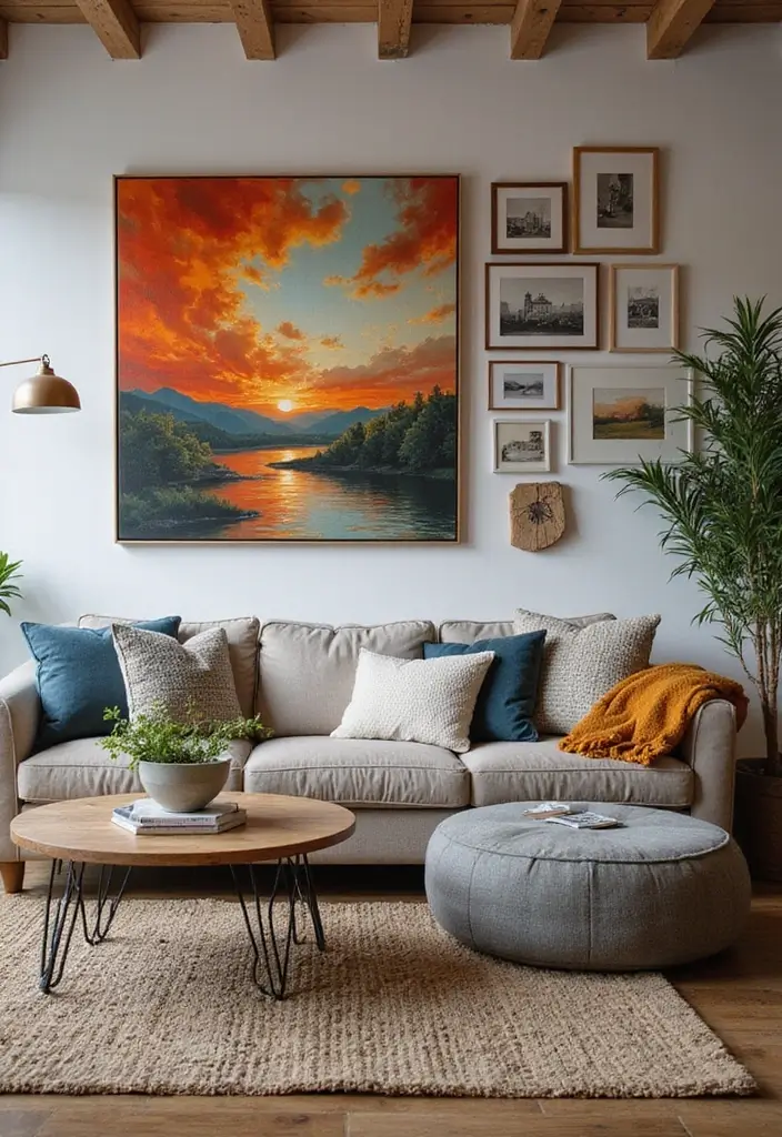 50 Modern Rustic Living Room Ideas That Balance Warmth and Simplicity - 10. Statement Art Pieces