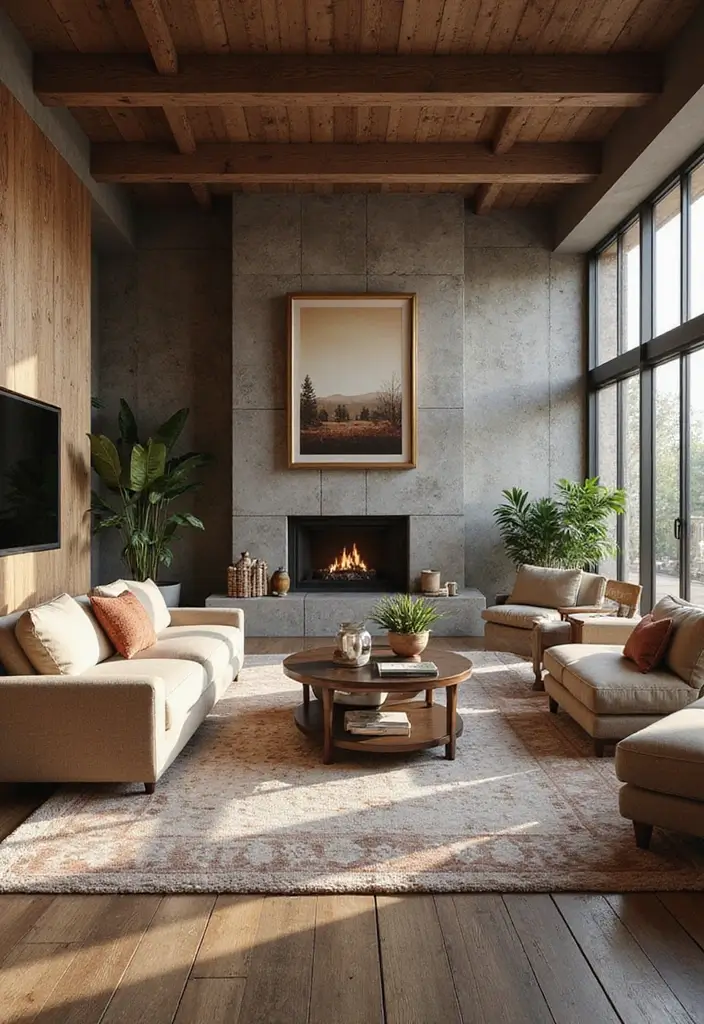 50 Modern Rustic Living Room Ideas That Balance Warmth and Simplicity - 33. Contrast and Harmony