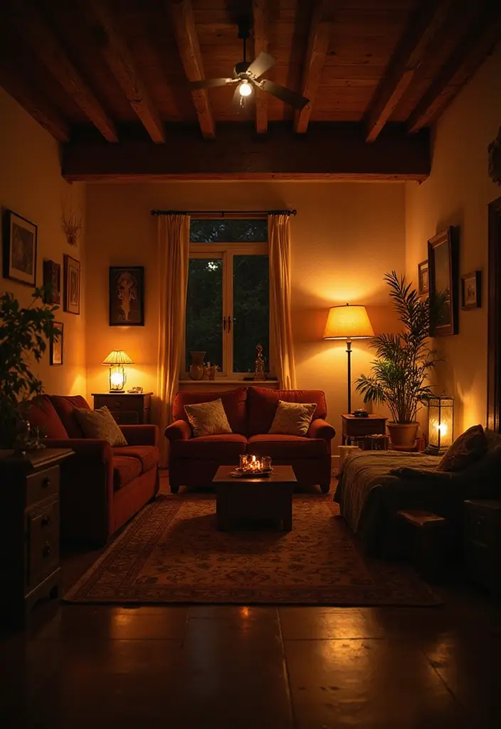 50 Modern Rustic Living Room Ideas That Balance Warmth and Simplicity - 9. Warm Lighting