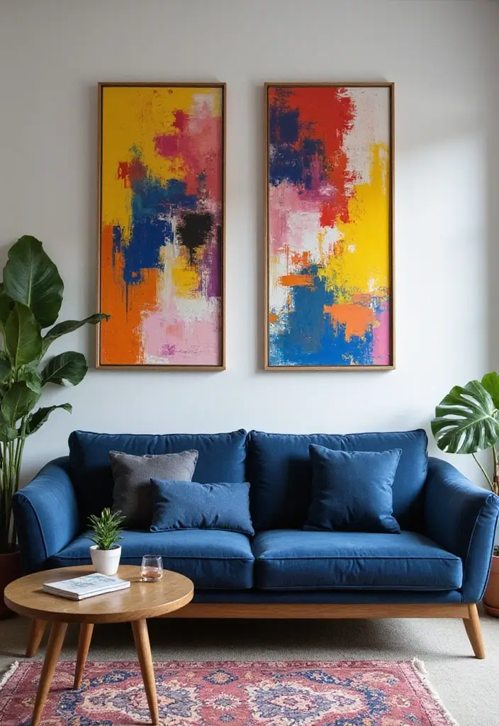 50 Navy Blue Living Room Ideas That Add Depth and Drama 11 50 Navy Blue Living Room Ideas That Add Depth and Drama - 11. Navy Blue Sofa with Colorful Art