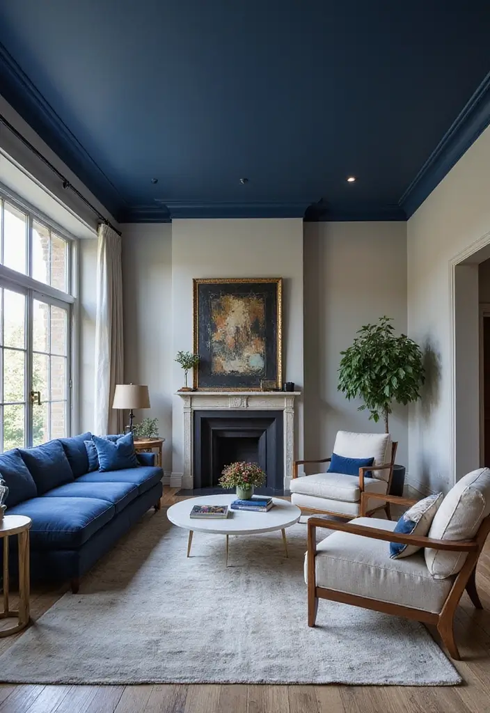 50 Navy Blue Living Room Ideas That Add Depth and Drama 12 50 Navy Blue Living Room Ideas That Add Depth and Drama - 12. Navy Blue Ceiling: A Dramatic Flair