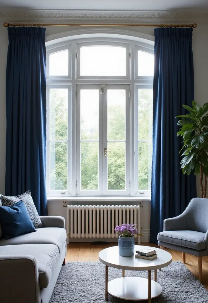 50 Navy Blue Living Room Ideas That Add Depth and Drama 14 50 Navy Blue Living Room Ideas That Add Depth and Drama - 14. Navy Curtains: Simple Yet Elegant