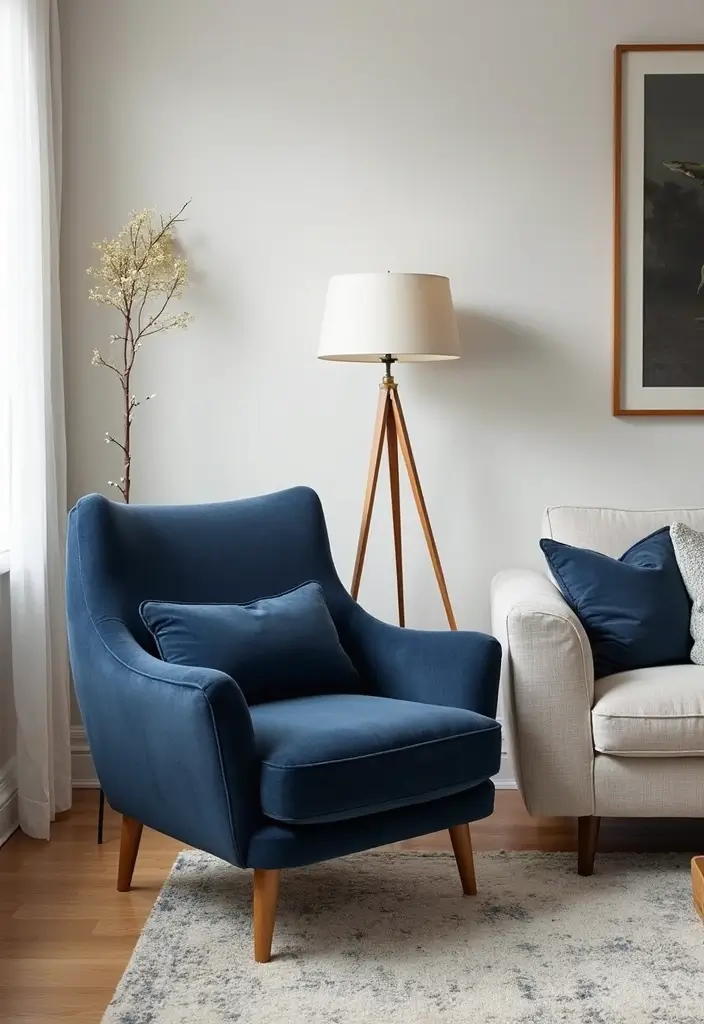 50 Navy Blue Living Room Ideas That Add Depth and Drama 15 50 Navy Blue Living Room Ideas That Add Depth and Drama - 15. Navy Blue Accent Chair