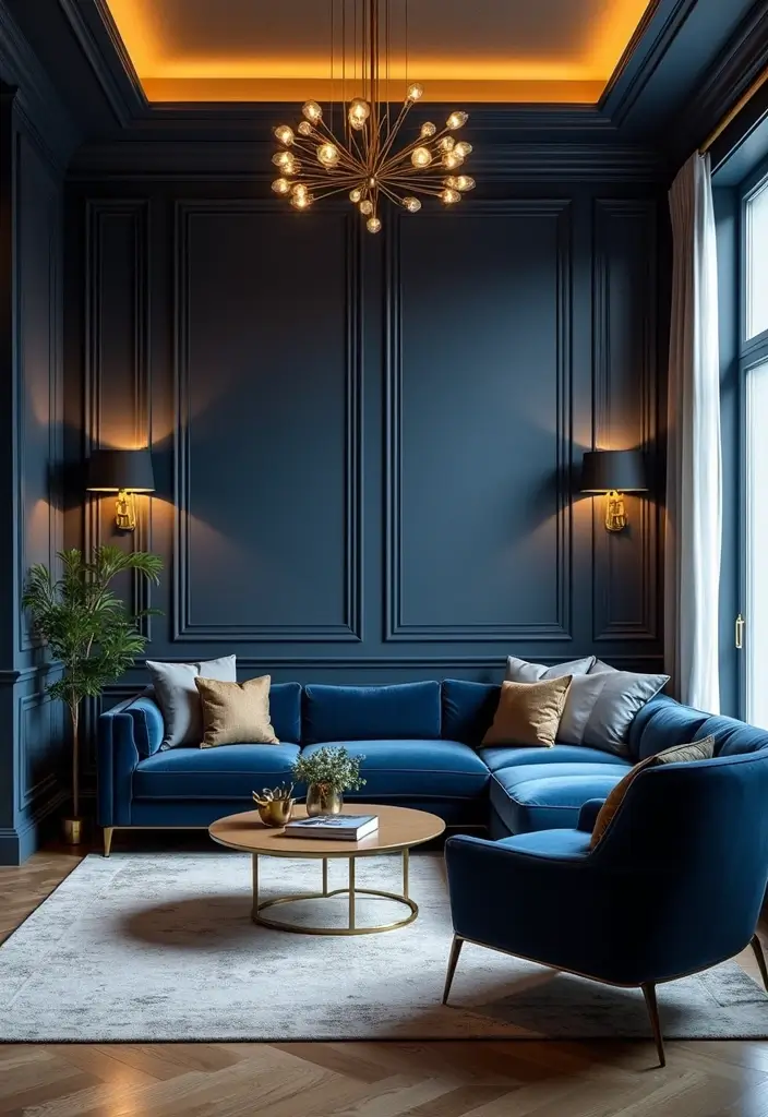 50 Navy Blue Living Room Ideas That Add Depth and Drama 2 50 Navy Blue Living Room Ideas That Add Depth and Drama - 2. Navy and Gold: A Glamorous Pairing