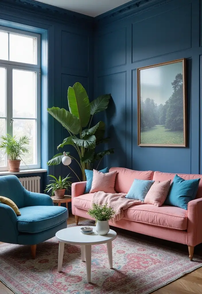 50 Navy Blue Living Room Ideas That Add Depth and Drama 22 50 Navy Blue Living Room Ideas That Add Depth and Drama - 20. Navy Blue and Pastel Colors