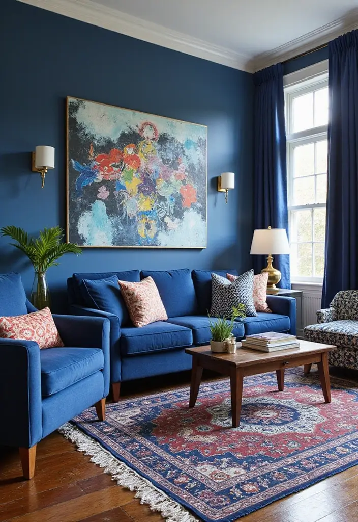 50 Navy Blue Living Room Ideas That Add Depth and Drama 23 50 Navy Blue Living Room Ideas That Add Depth and Drama - 21. Multi-layered Patterns in Navy
