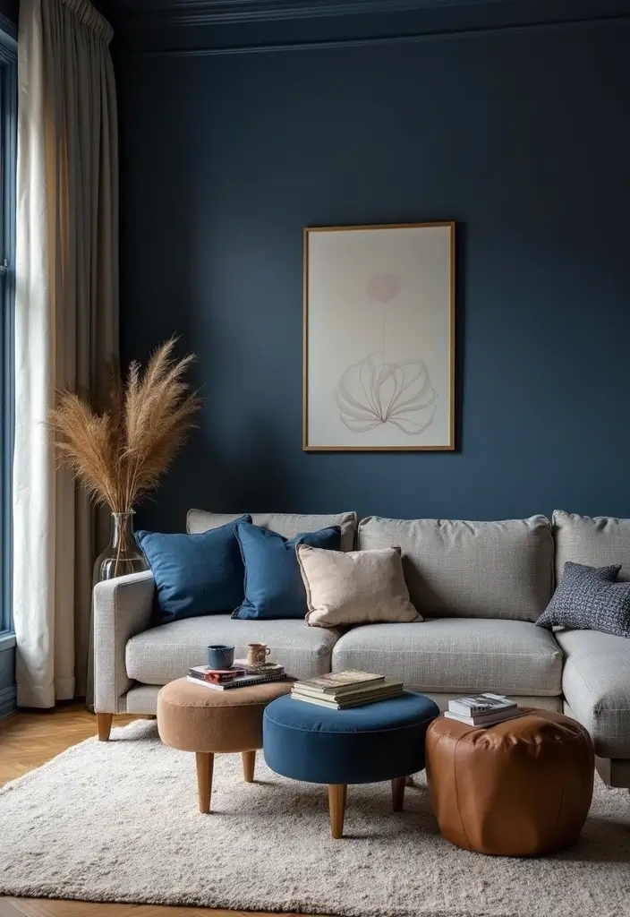 50 Navy Blue Living Room Ideas That Add Depth and Drama 24 50 Navy Blue Living Room Ideas That Add Depth and Drama - 22. Navy Blue and Earthy Tones