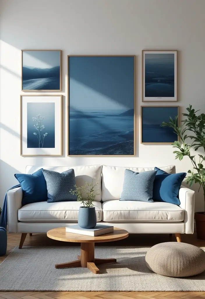 50 Navy Blue Living Room Ideas That Add Depth and Drama 27 50 Navy Blue Living Room Ideas That Add Depth and Drama - 25. Navy Blue Artwork Displays