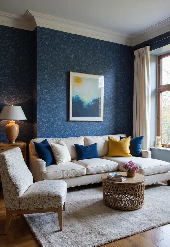 50 Navy Blue Living Room Ideas That Add Depth and Drama 31 50 Navy Blue Living Room Ideas That Add Depth and Drama - 29. Navy Blue Wallpaper