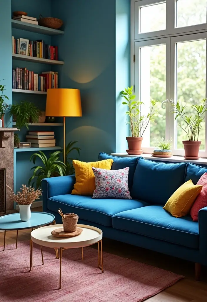 50 Navy Blue Living Room Ideas That Add Depth and Drama 3 50 Navy Blue Living Room Ideas That Add Depth and Drama - 3. Navy Blue with Bright Accent Colors