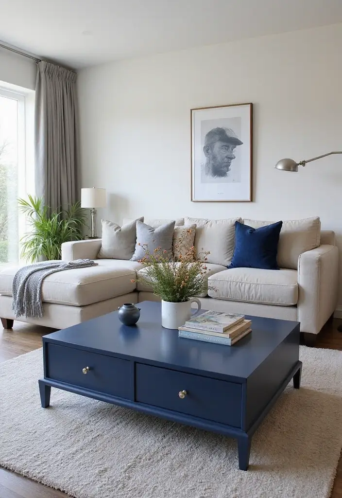 50 Navy Blue Living Room Ideas That Add Depth and Drama 33 50 Navy Blue Living Room Ideas That Add Depth and Drama - 31. Stylish Navy Blue Coffee Table