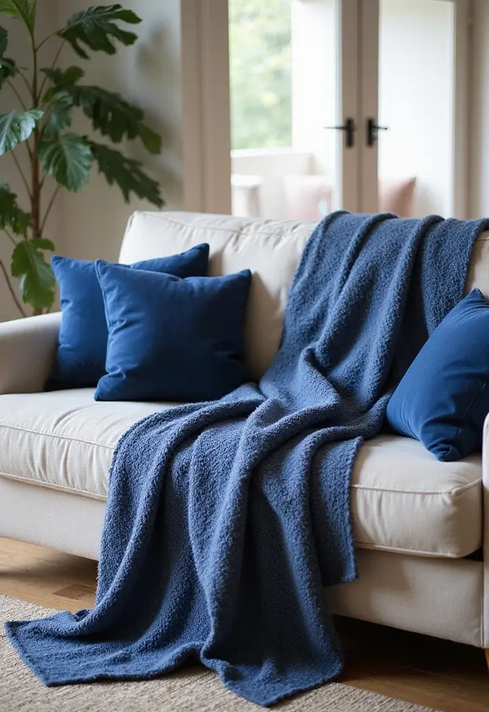 50 Navy Blue Living Room Ideas That Add Depth and Drama 34 50 Navy Blue Living Room Ideas That Add Depth and Drama - 32. Navy Blue Throws and Pillows