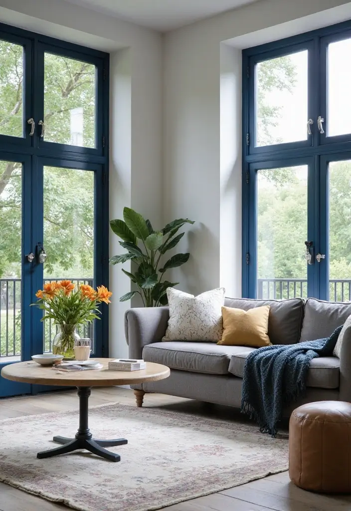 50 Navy Blue Living Room Ideas That Add Depth and Drama 37 50 Navy Blue Living Room Ideas That Add Depth and Drama - 35. Navy Blue for Window Frames