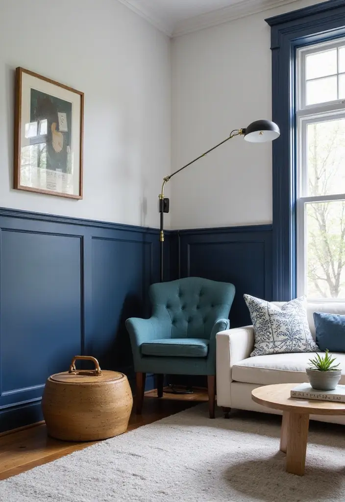 50 Navy Blue Living Room Ideas That Add Depth and Drama 41 50 Navy Blue Living Room Ideas That Add Depth and Drama - 37. Navy Blue Chair Rail or Wainscoting