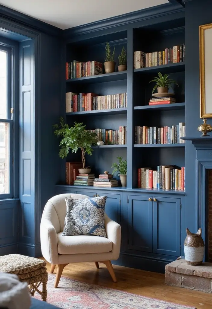 50 Navy Blue Living Room Ideas That Add Depth and Drama 42 50 Navy Blue Living Room Ideas That Add Depth and Drama - 38. Navy Blue for Built-in Shelving